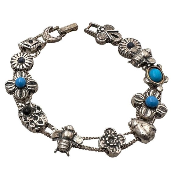 Vintage Womans Bracelet Turquoise Sterling Silver Slide Charm Bee Turtle Bug